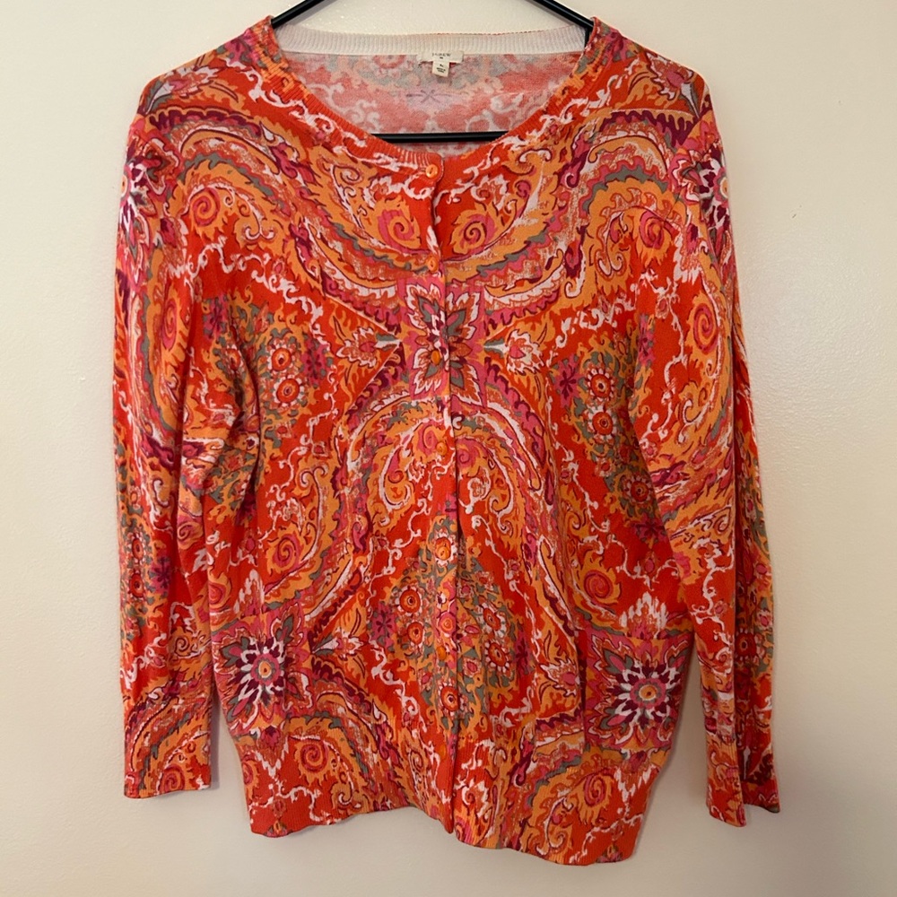 J Crew Factory cotton cardigan in orange and pink paisley.